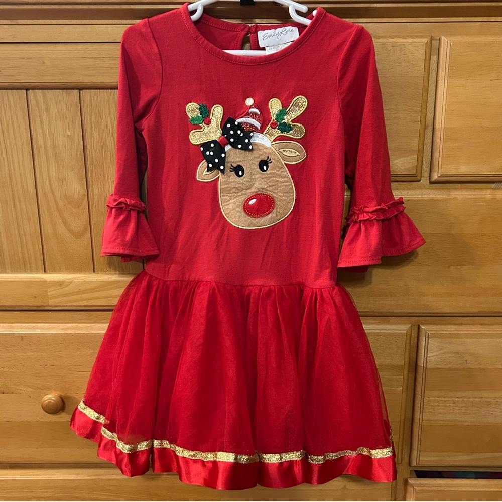 Christmas Holiday Adorable Girl’s Red Dress Rudolph/Reindeer Appliqué Size 5